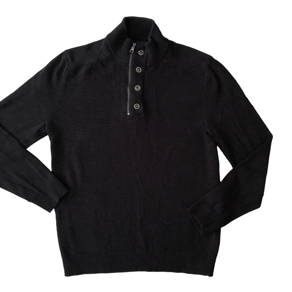 INC International Concepts Black Quarter Zip Snap ribbed knit Sweater Medium - Picture 2 of 8
